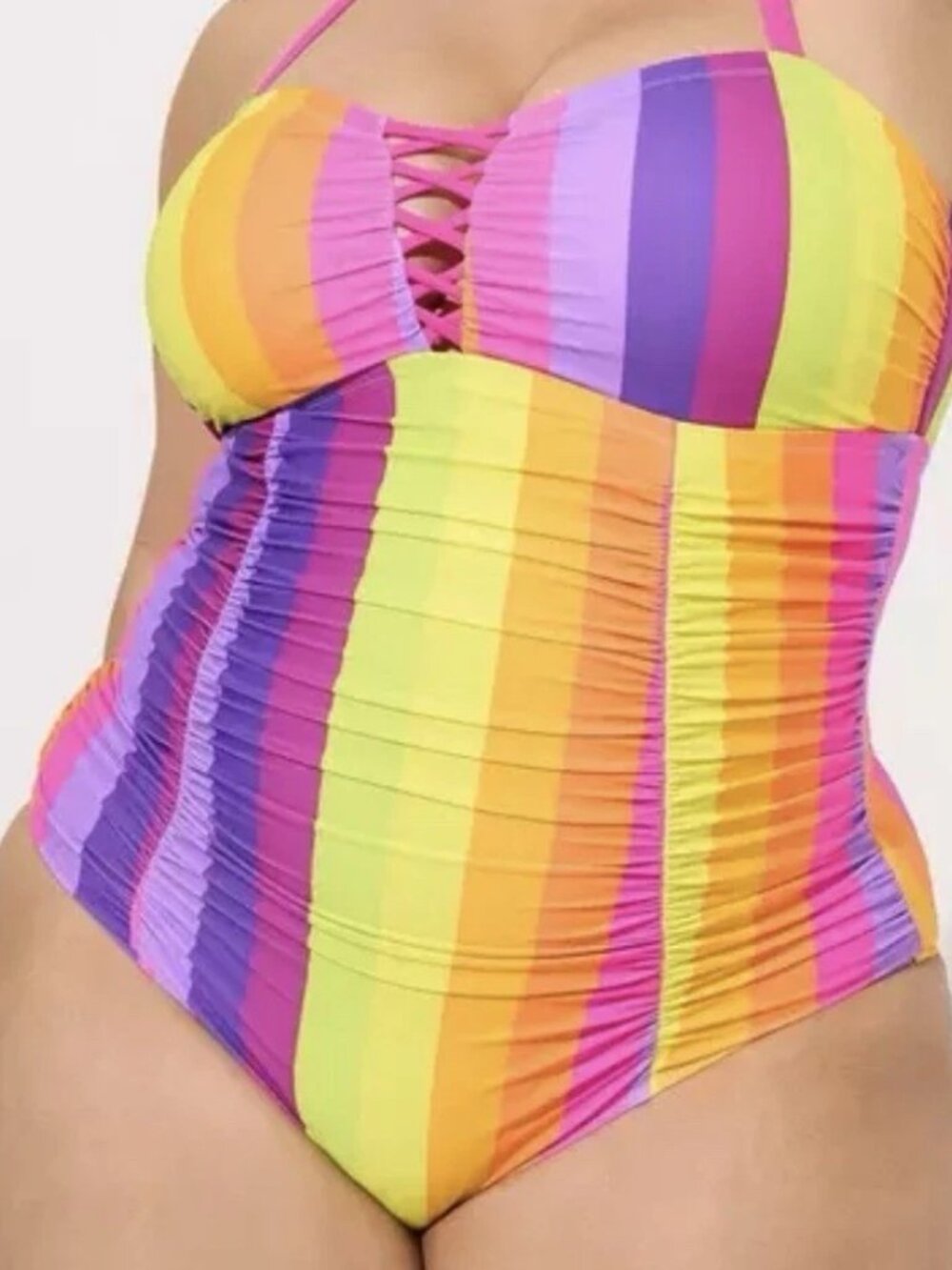 Torrid Slim Fix Lattice One Piece Rainbow Wireless Swimsuit Size 0 (12) NWOT